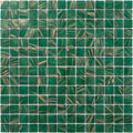 Glossy lincoln green and gold square glass mosaic tile sheet with uniform 12x12 layout
