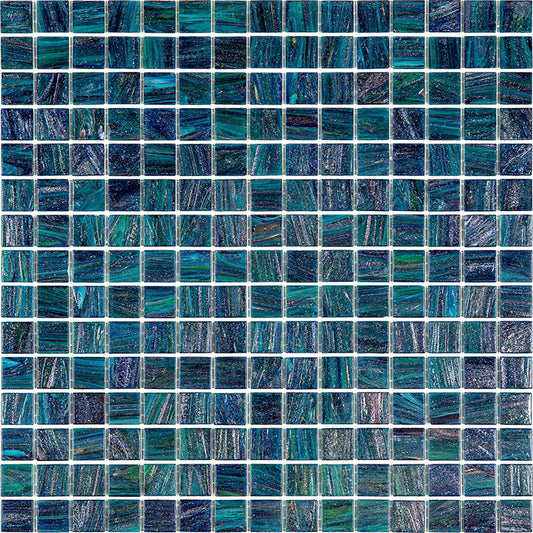 Glossy pine green 12x12 square glass mosaic tiles with textured blue and green swirl patterns