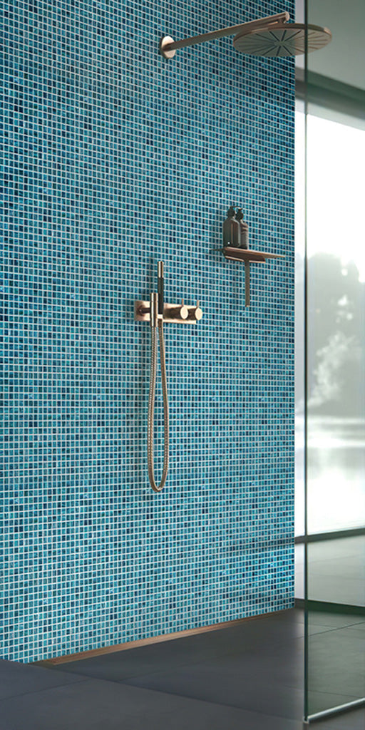 Glossy Skobeloff green glass mosaic square tiles on bathroom shower wall