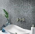 cadet gray 12x12 glossy square glass mosaic tile installed on bathroom wall 
