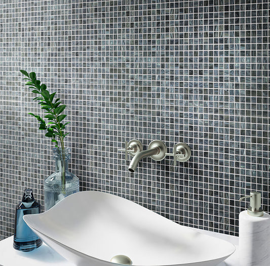cadet gray 12x12 glossy square glass mosaic tile installed on bathroom wall 