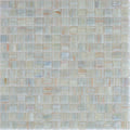 Glossy light gray 12x12 glass mosaic tiles with subtle multicolor streaks for walls and floors