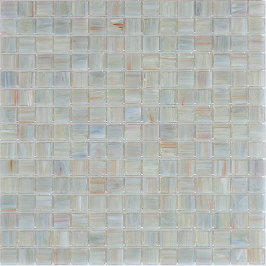 Glossy light gray 12x12 glass mosaic tiles with subtle multicolor streaks for walls and floors