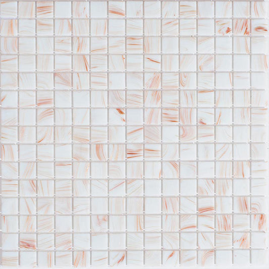 Glossy coconut white 12x12 glass mosaic tile with swirled terracotta and white marble pattern