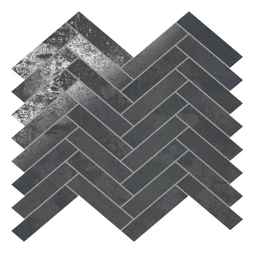 steel black 11x11 matte porcelain tiles arranged in a herringbone mosaic pattern