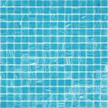 Glossy sky blue 12x12 glass mosaic tile sheet with vibrant swirled pattern for walls and floors