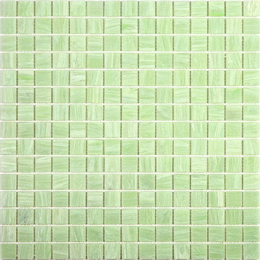 Glossy uniform square tea green glass mosaic tile sheet with subtle texture for wall and floor