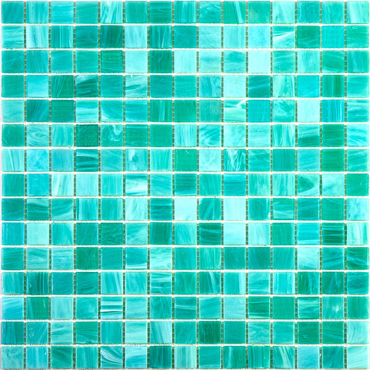 Glossy cyan blue 12x12 glass mosaic tile sheet with varying turquoise and bright blue square tiles