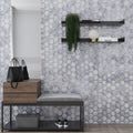 Soft silver gray matte hexagon glass mosaic tile on wall, 9x10 inch sheet for backsplash or bathroom wall