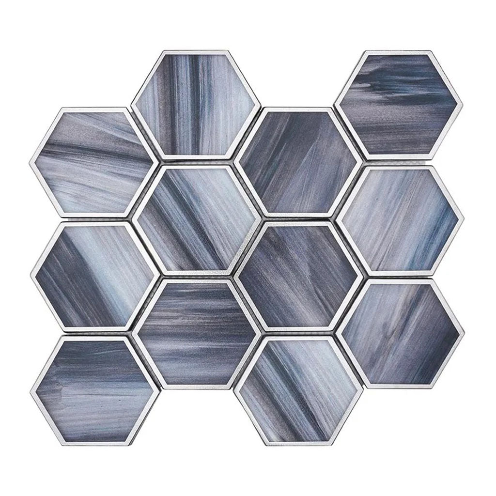 Solace 10.5 in. x 9 in. Matte Silver Midnight Blue Glass Mosaic Hexagon Wall and Floor Tile (3.28 sq ft/case) - 5 Pack