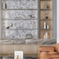 Matte silver stormy gray hexagon glass mosaic tile backsplash with 10.5x9 inch sheets