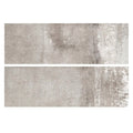 Matte greige ceramic large format wall tiles with distressed textures and geometric patterns in 9.8x29.5 inch size