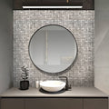 Polished grey wooden marble mosaic tiles in 12x12 basketweave pattern on bathroom wall