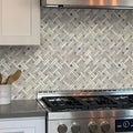 Polished wooden grey marble basketweave mosaic tile backsplash in kitchen wall design