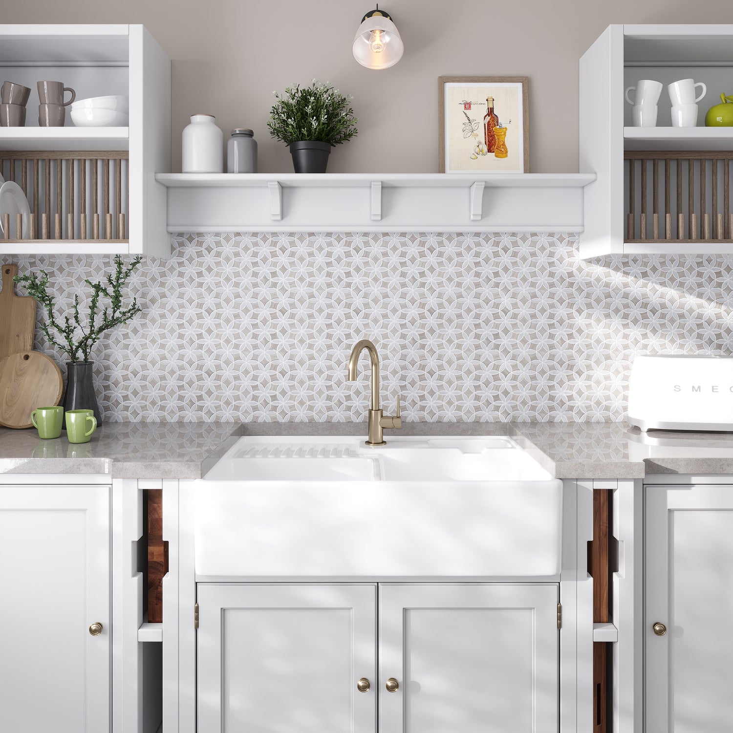Wooden Beige Bianco Carrara 12x15 Polished Multi-shaped Marble Mosaic Tile (5 pack, 6.175 sq ft/case)