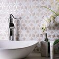 Beige polished wooden grey bianco carrara marble mosaic tile backsplash with multi-shaped pattern, 12x15 inches