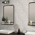 Polished beige wooden marble mosaic tile with circular multi-shaped pattern on bathroom wall