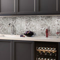 Grey polished hexagon marble mosaic tile backsplash in kitchen, 11x12 inches, wooden grey finish