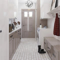 Polished hexagon Bianco Carrara marble mosaic floor tile with wooden grey accents in 12x14 size