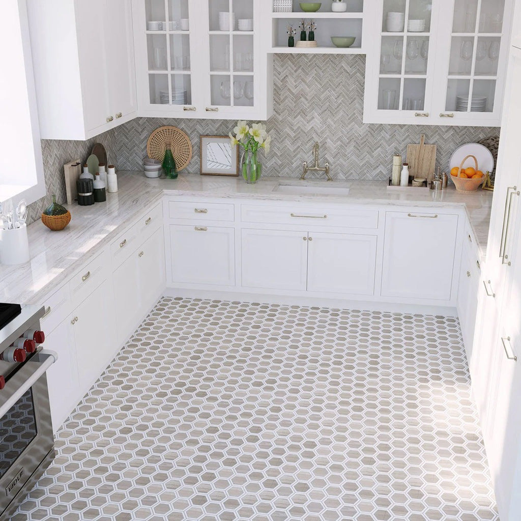 5 pack White and Beige 11.7 in. x 13.5 in. Wooden Hexagon Polished Marble Mosaic Tile (5.48 sq ft/case) - Sample
