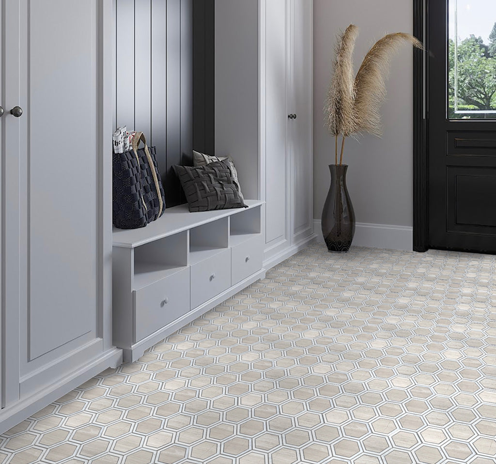 5 pack White and Beige 11.7 in. x 13.5 in. Wooden Hexagon Polished Marble Mosaic Tile (5.48 sq ft/case) - Sample