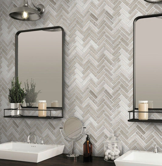 Wooden Gray 12x12 Polished Herringbone Marble Mosaic Tile (5 pack, 5.29 sq ft/case) - Sample