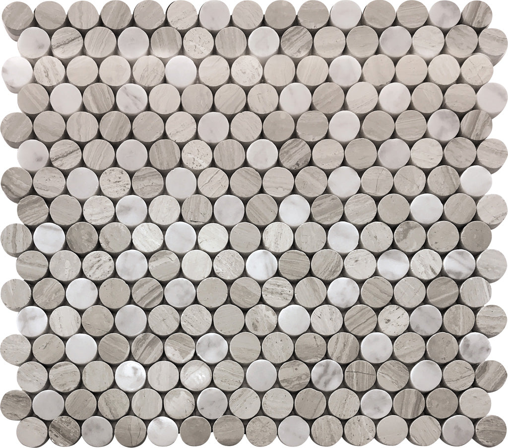 Gray White 11x12 Polished Penny Round Marble Mosaic Tile (5 pack, 4.83 sq ft/case) - Sample