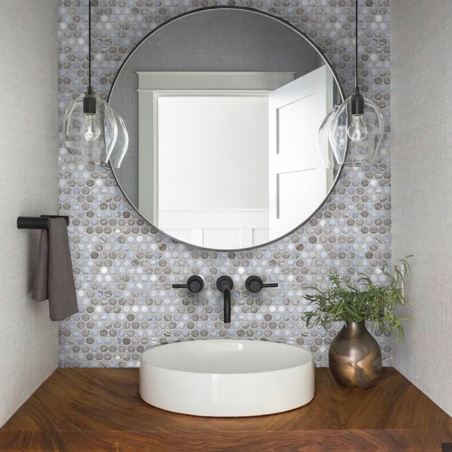 Gray White 11x12 Polished Penny Round Marble Mosaic Tile (5 pack, 4.83 sq ft/case) - Sample