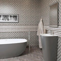 Beige polished marble mosaic tiles with checkered pattern on bathroom walls and kitchen backsplash