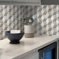polished beige and grey hexagon marble mosaic tile backsplash with 3D geometric pattern