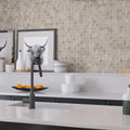 Grey polished semicircular marble mosaic tile backsplash with wooden texture on kitchen wall