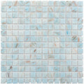 Pastel blue 12x12 glossy square glass mosaic tile with subtle white and gold veins