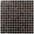 Glossy umber brown and gold glass mosaic tiles with wood grain swirl pattern in 12x12 sheet