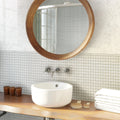 Warm greige matte glass mosaic tile 12x12 square on bathroom wall