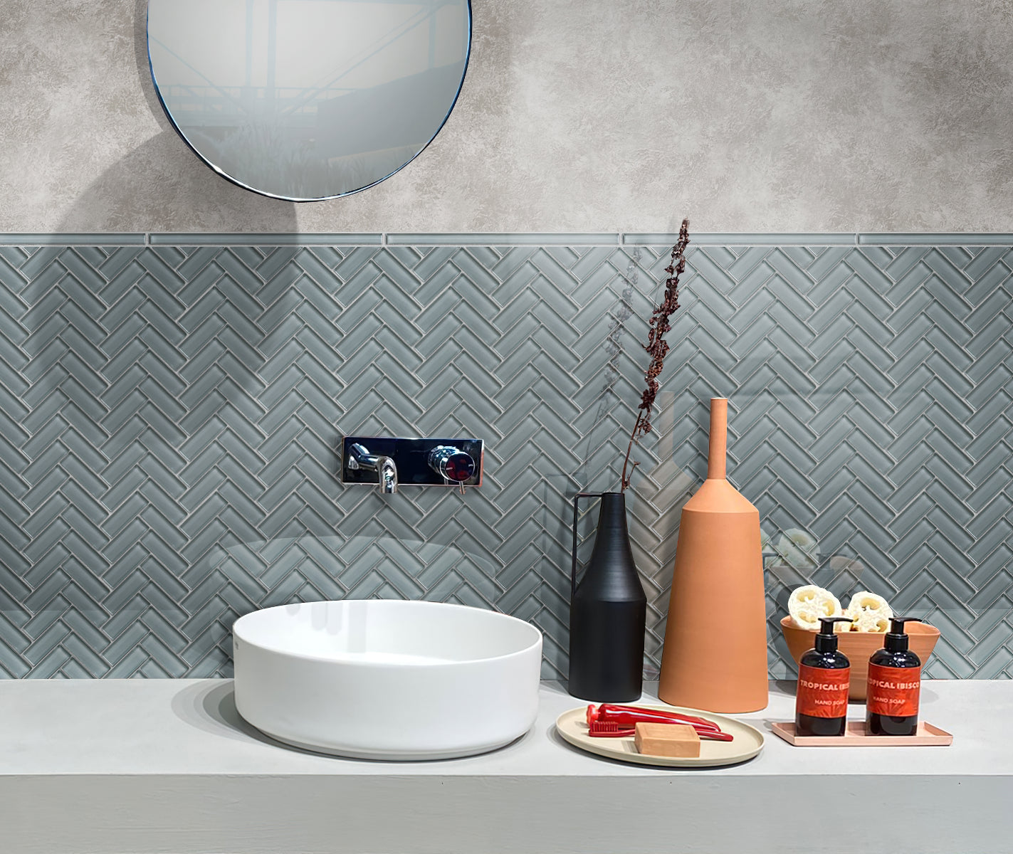 Stone Blue 11x13 Glossy Herringbone Glass Mosaic Tile (5 pack, 4.8125 sq ft/case) - Sample