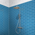 Cerulean blue matte glass subway tile 3x12 on shower wall