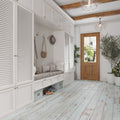 Snow-white matte porcelain wood-look floor tiles, rectangular planks in entryway floor