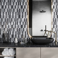 Gray honed PVC peel and stick picket mosaic tile on bathroom wall