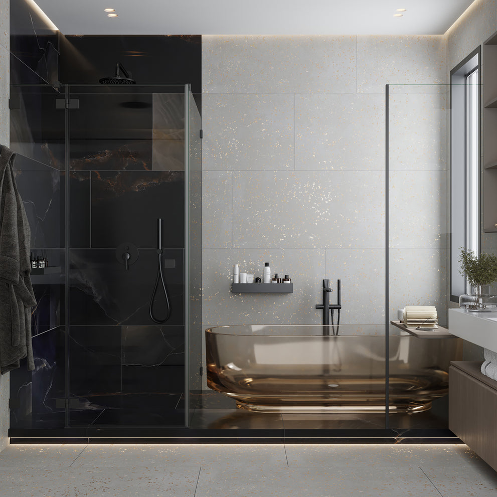 Matte large porcelain bathroom tile with gold-speckled design