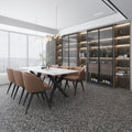 Charcoal black and gray flecked 36x36 matte porcelain tile flooring for modern dining area