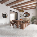 White and gray flecked 36x36 matte porcelain tile on floor