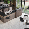 White multicolor matte hexagon porcelain tile, 8x9 inches, installed as commercial floor flooring