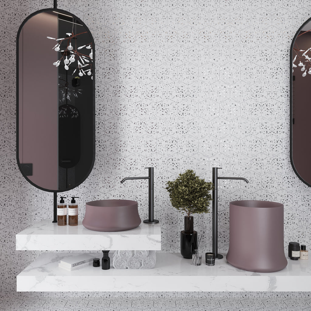 Terra Mia 8.1 in. x 9.25 in. Matte White and Black Porcelain Hexagon Wall and Floor Tile (22 Cases, 218.46 sq ft/Pallet)