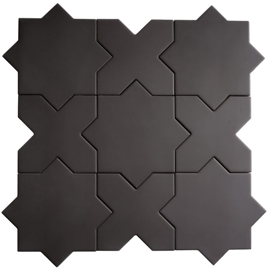Graphite black 7 inch star and 5 inch cross matte porcelain wall and floor tile set
