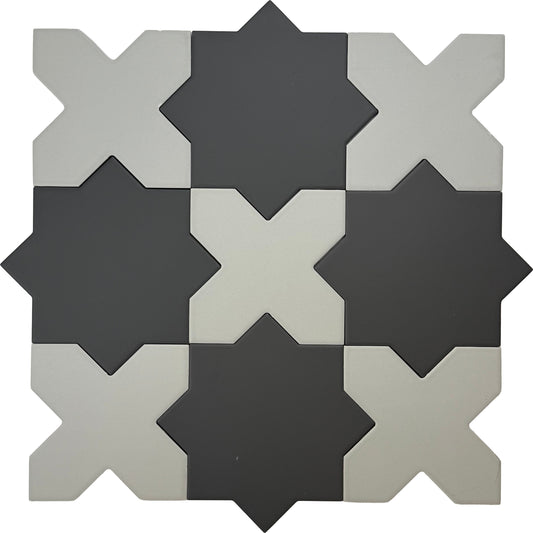 Graphite Black 7" Star with Light Gray 5" Cross Matte Porcelain (10.62 sq ft/case) - 68 Pack-sample
