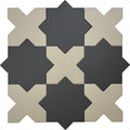 matte porcelain tiles with graphite black 7-inch star shapes and ecru taupe 5-inch cross shapes