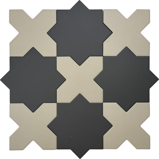matte porcelain tiles with graphite black 7-inch star shapes and ecru taupe 5-inch cross shapes