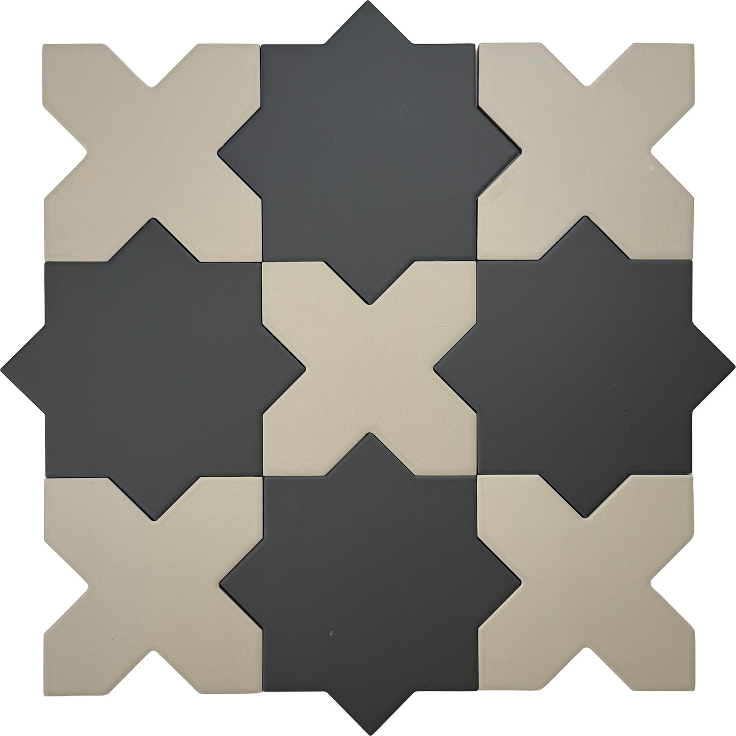 Graphite Black 7" Star with Ecru Taupe 5" Cross Matte Porcelain (10.62 sq ft/case) - 68 Pack-sample