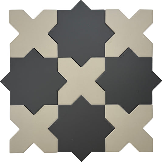 Graphite Black 7" Star with Ecru Taupe 5" Cross Matte Porcelain (10.62 sq ft/case) - 68 Pack-sample