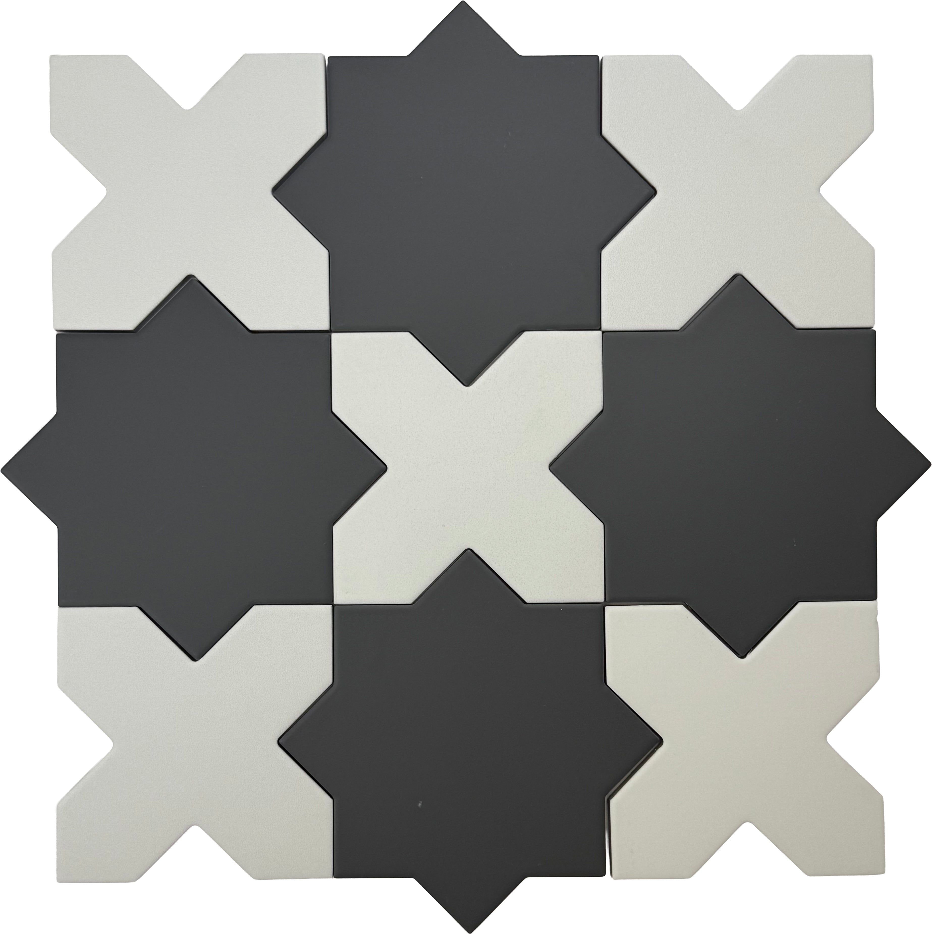 Graphite black and pure white matte porcelain tile in a star and cross pattern